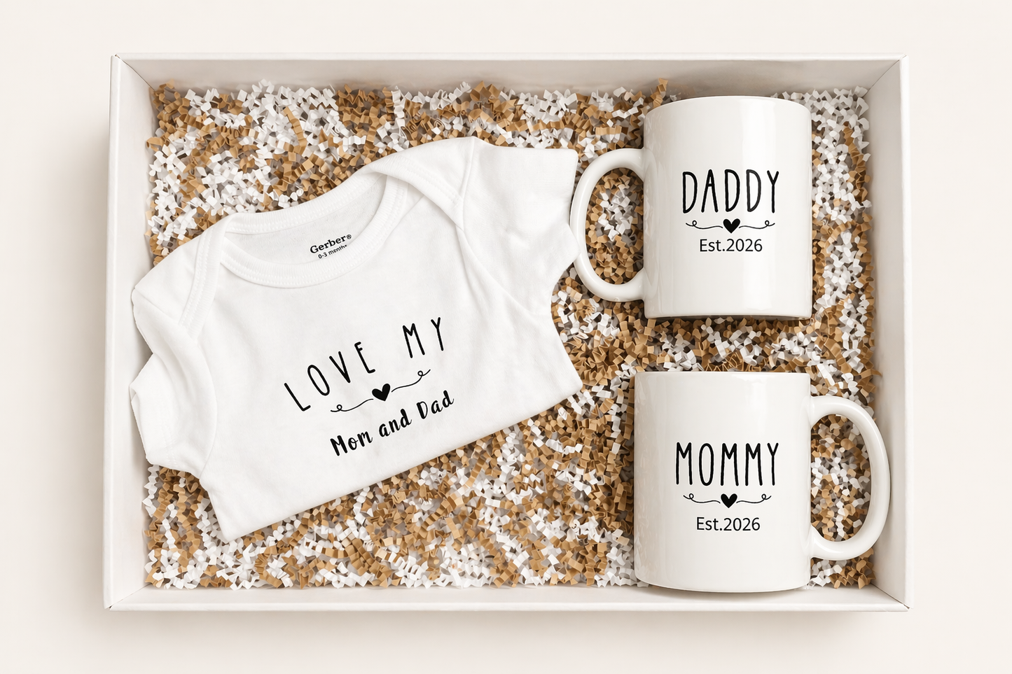 Mommy & Daddy Mug Set + Baby Onesie – Est. 2026